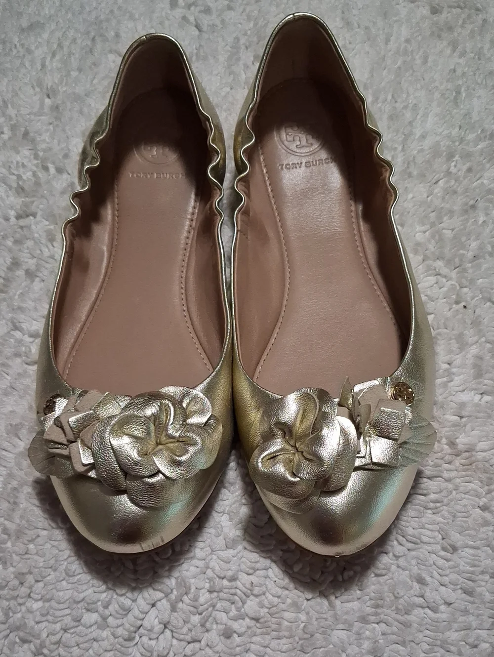 Tory Burch Metallic Gold Floral Leather Ballet Flats